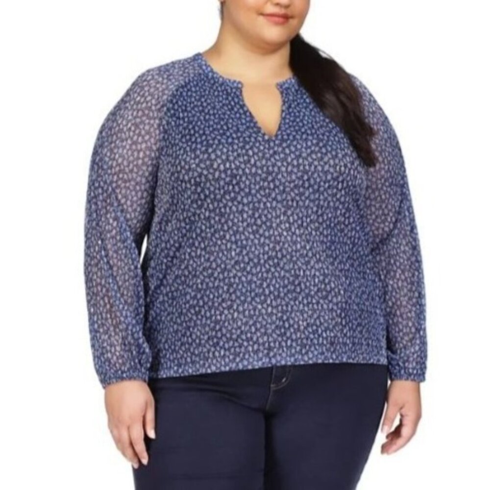 Michael Kors Plus Size Plisse Floral Blouse 0X Blue Sheer Feminine Festival NWT